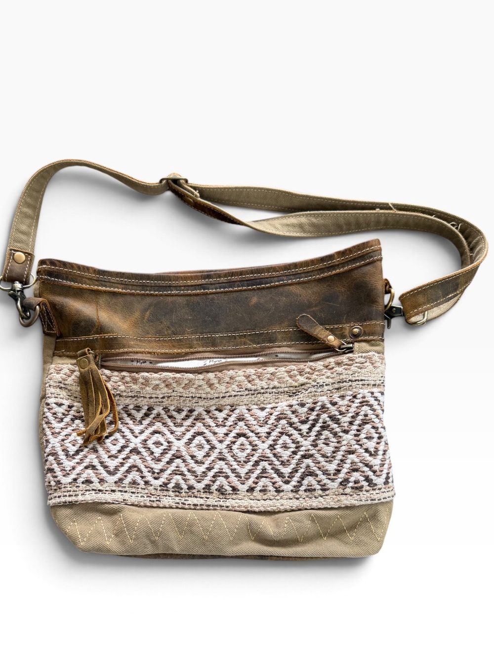 Myra Bag Contentment Crossbody Bag Canvas Woven Rug Leather